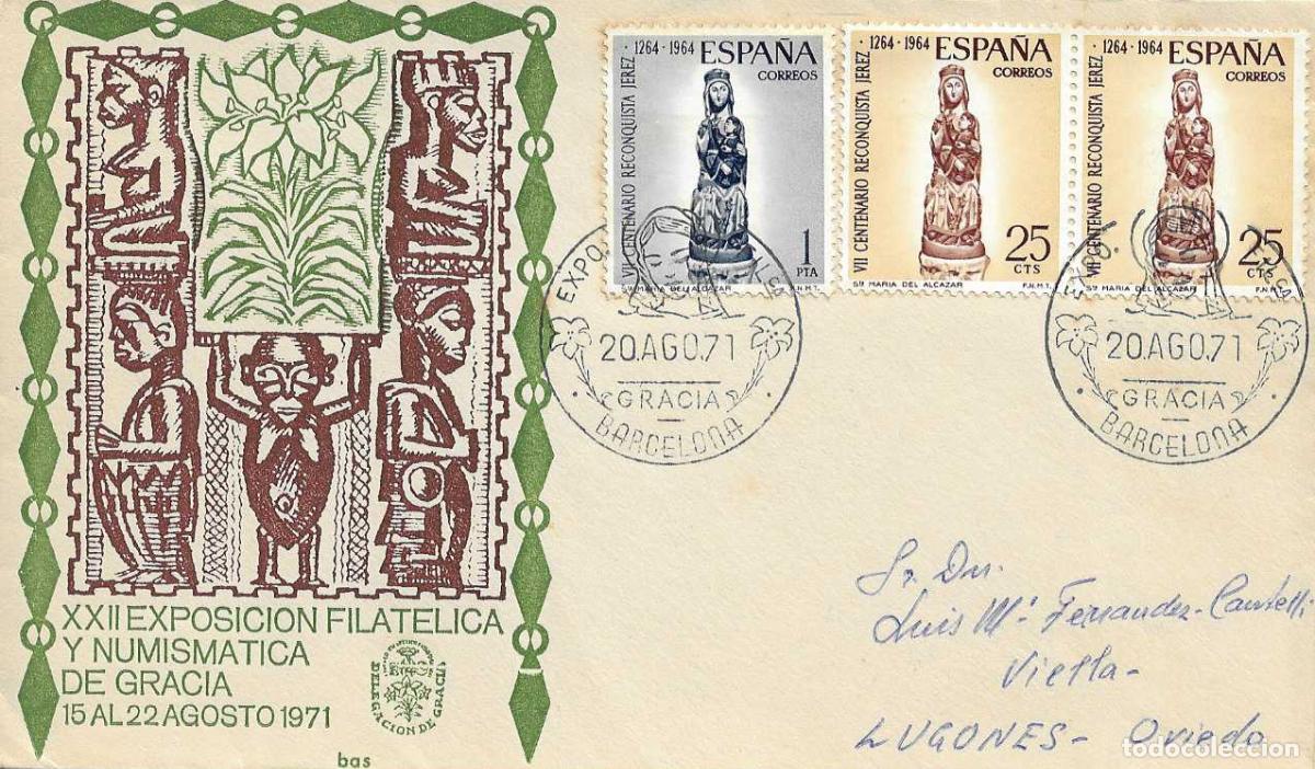 Sellos: TEMA MARIANO GRACIA XXII EXPOSICION, BARCELONA 20 AGOSTO 1971. MATASELLOS EN SOBRE CIRCULADO+TARJETA
