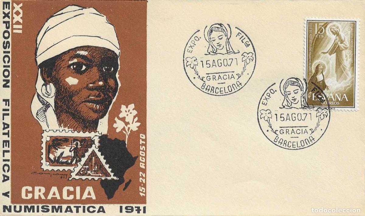 Sellos: TEMA MARIANO GRACIA XXII EXPOSICION BARCELONA 15 AGOSTO 1971. MATASELLOS SOBRE ILUSTRADO MOD 1 RARO