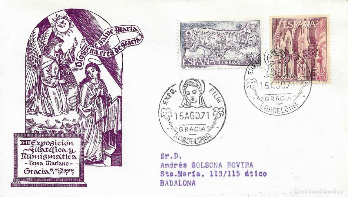 Sellos: TEMA MARIANO GRACIA XXII EXPOSICION BARCELONA 15 AGOSTO 1971 MATASELLOS EN SOBRE CIRCULADO ALFIL RWR