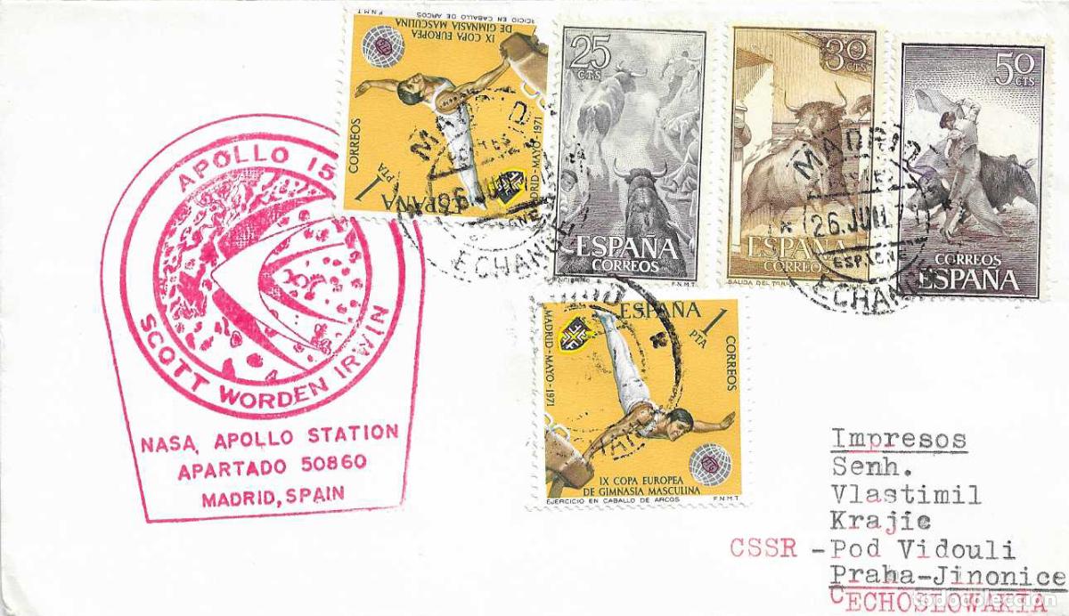 Sellos: APOLLO 15 SCOTT WORDEN IRWIN NASA RARA MARCA ROJA ASTROFILATELIA EN CARTA 1971 DE MADRID A PRAGA