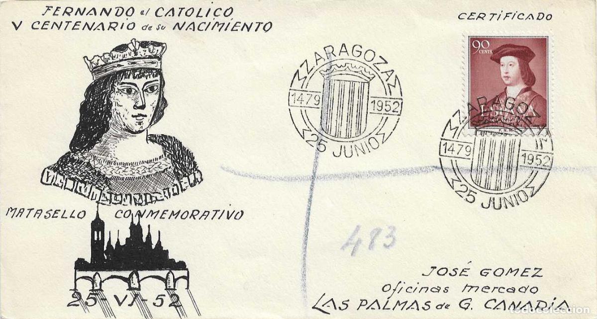 Sellos: RARO ILUSTRACION MANUAL FERNANDO EL CATOLICO V CENTENARIO 1952 EN SOBRE CIRCULADO MATASELLO ZARAGOZA