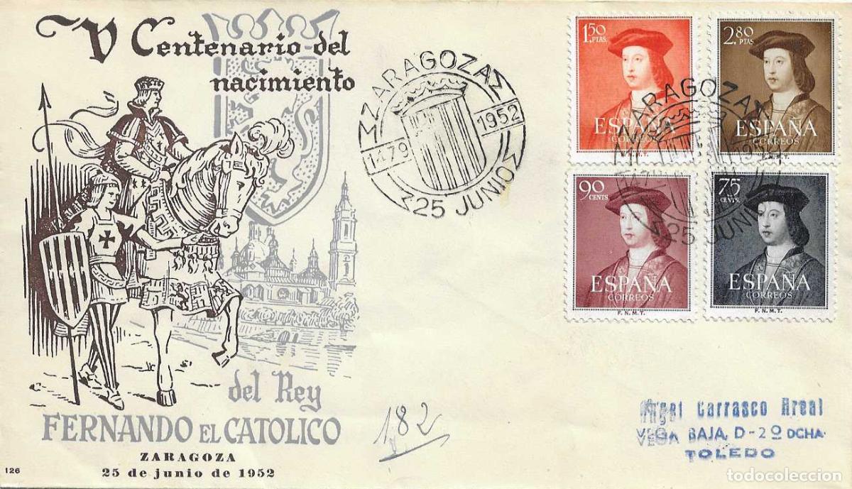 Sellos: FERNANDO EL CATOLICO V CENTENARIO (EDIFIL 1107/10), ZARAGOZA 1952. MATASELLOS SOBRE CIRCULADO EG RWR