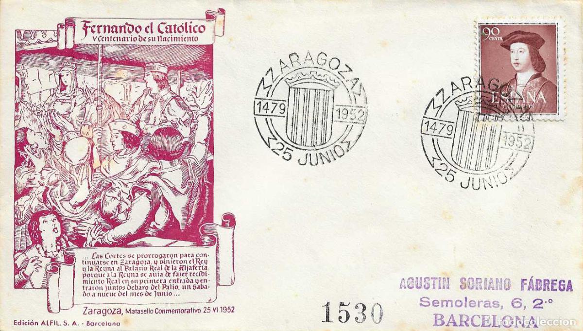 Sellos: FERNANDO EL CATOLICO V CENTENARIO, ZARAGOZA 1952. RARO MATASELLOS EN SOBRE CIRCULADO DE ALFIL RWR