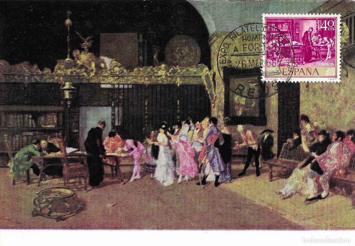 Sellos: PINTURA LA VICARIA EXPOSICION HOMENAJE A FORTUNY, REUS (TARRAGONA) 1968. MATASELLOS EN TARJETA RWR