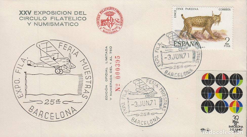 Sellos: A&Ntilde;O 1971, AVION ANTIGUO, FERIA DE MUESTRAS BARCELONA, 50 ANIVERSARIO DEL CORREO AEREO, CON VI&Ntilde;ETA,SP