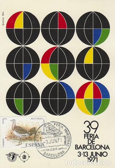 Sellos: A&Ntilde;O 1971, AVION ANTIGUO, FERIA DE MUESTRAS BARCELONA, 50 ANIV&ordm; DEL CORREO AEREO, TARJETA DE LA FERIA