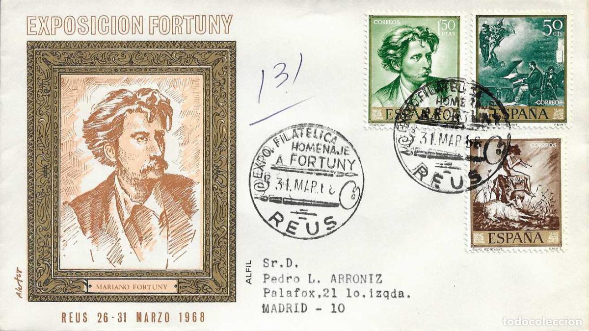 Sellos: PINTURA AUTORRETRATO EXPOSICION HOMENAJE A FORTUNY, REUS (TARRAGONA) 1968 MATASELLOS SOBRE ALFIL RWR