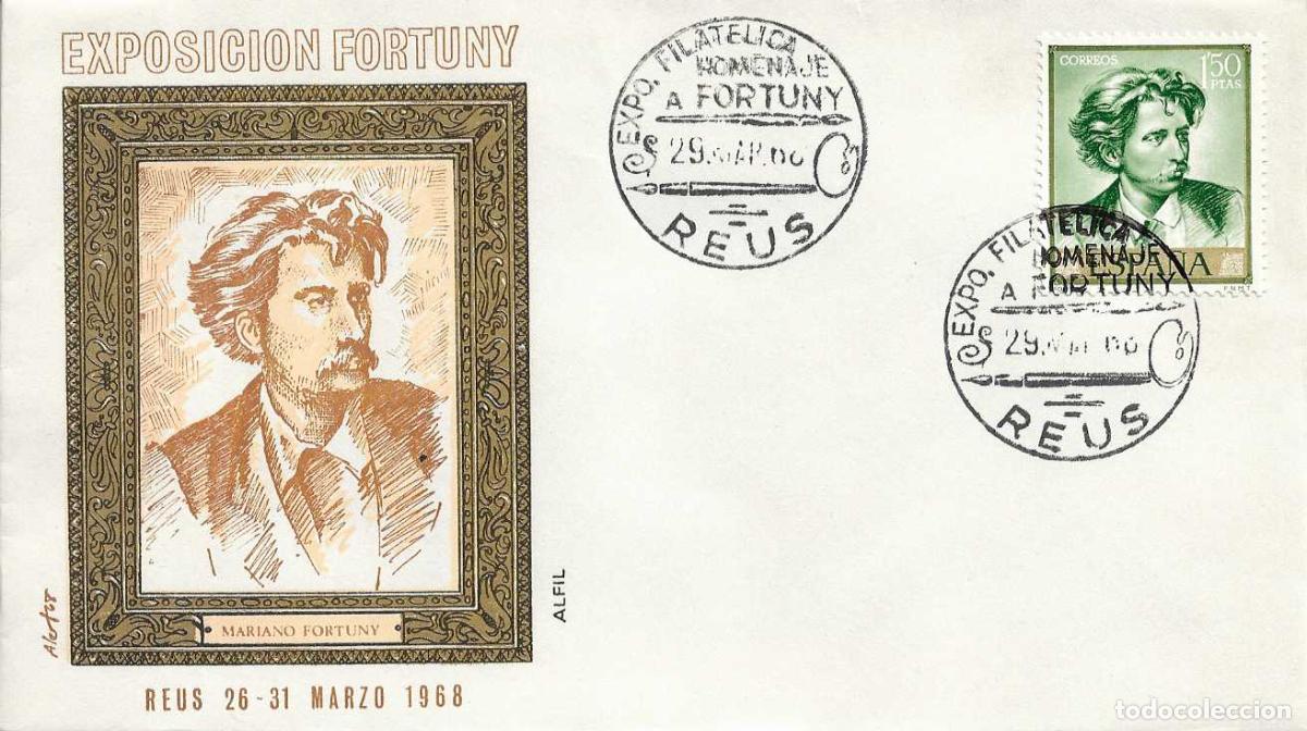 Sellos: PINTURA AUTORRETRATO HOMENAJE A FORTUNY, REUS (TARRAGONA) 29 MARZO 1968. MATASELLOS SOBRE ALFIL RWR