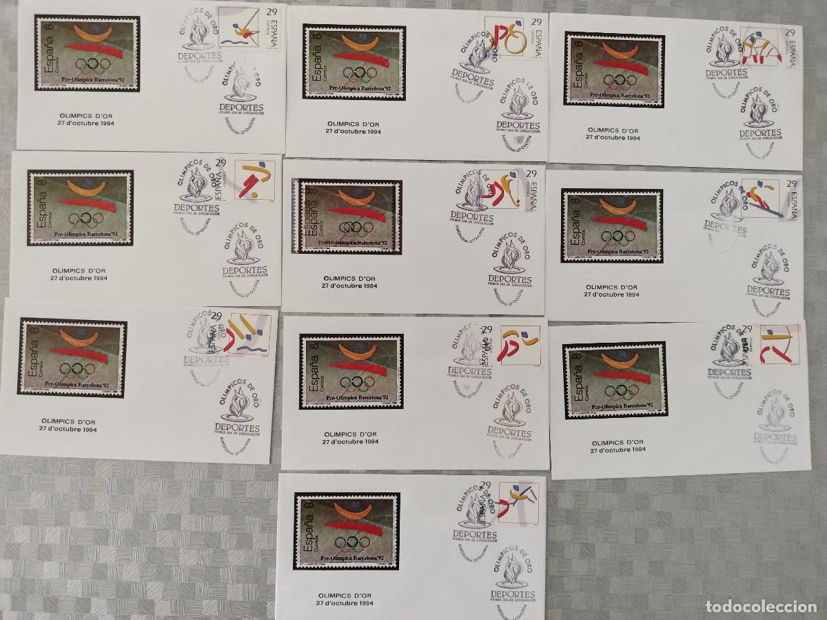 Sellos: BARCELONA 92 - OL&Iacute;MPICOS DE ORO 10 SOBRES NUMS. 3325-3334 CON MATASELLOS PRIMER DIA - SPD