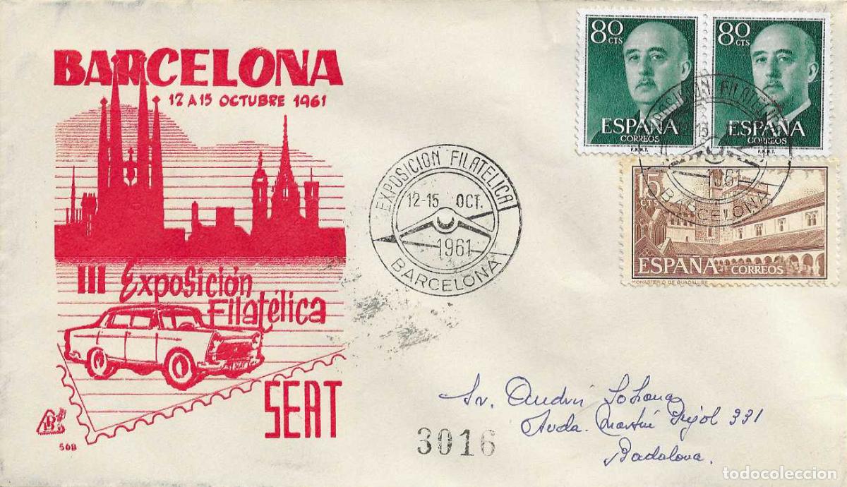 Sellos: AUTOMOVIL SEAT III EXPOSICION TEMA FLORA, BARCELONA 1961. MATASELLOS SOBRE CIRCULADO DP RARO ASI RWR