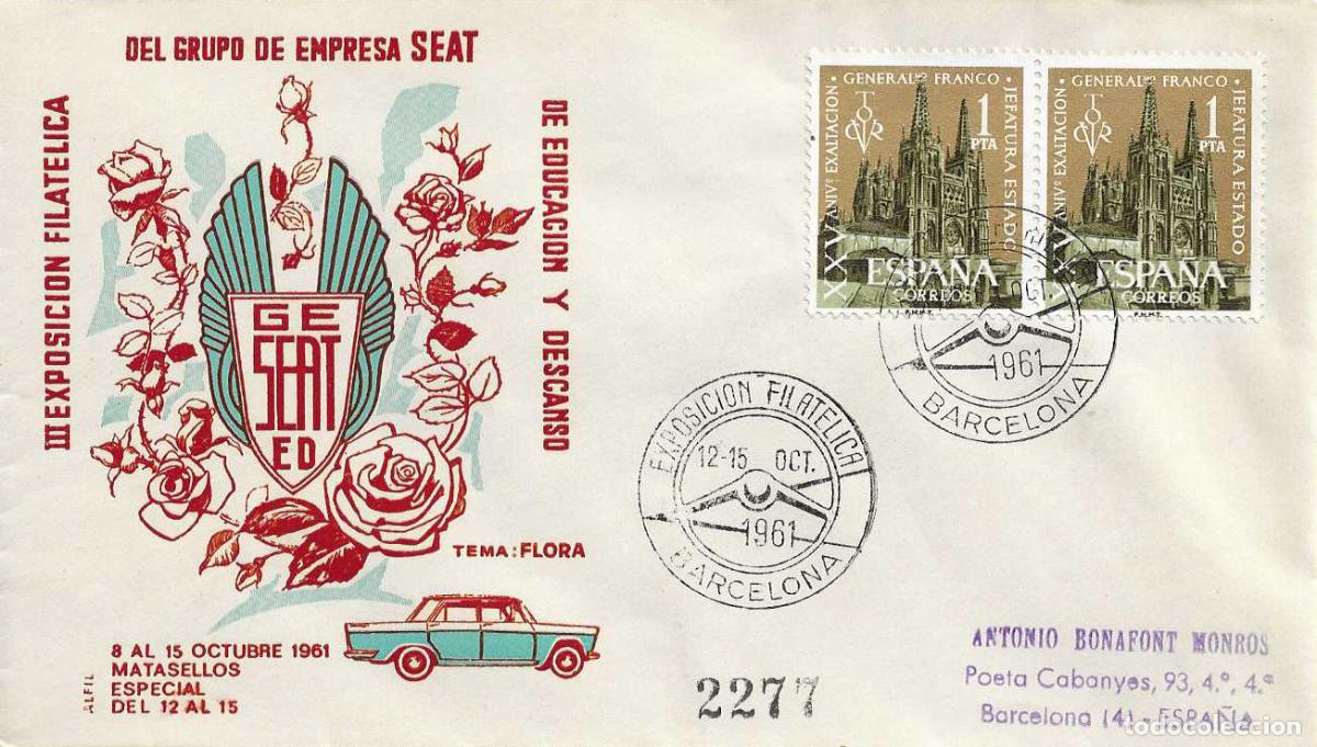 Sellos: AUTOMOVIL SEAT III EXPOSICION TEMA FLORA, BARCELONA 1961. RARO MATASELLOS SOBRE CIRCULADO ALFIL RWR