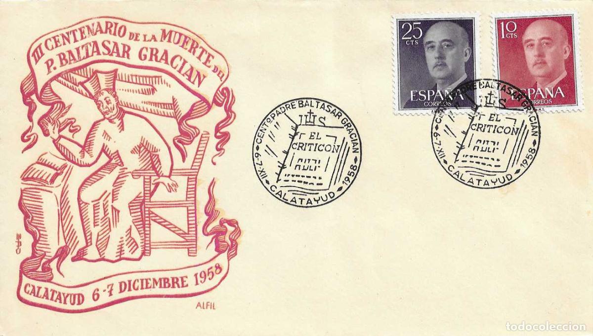 Sellos: PADRE BALTASAR GRACIAN III CENTENARIO, CALATAYUD (ZARAGOZA) 1958 MATASELLOS SOBRE SIN CIRCULAR ALFIL