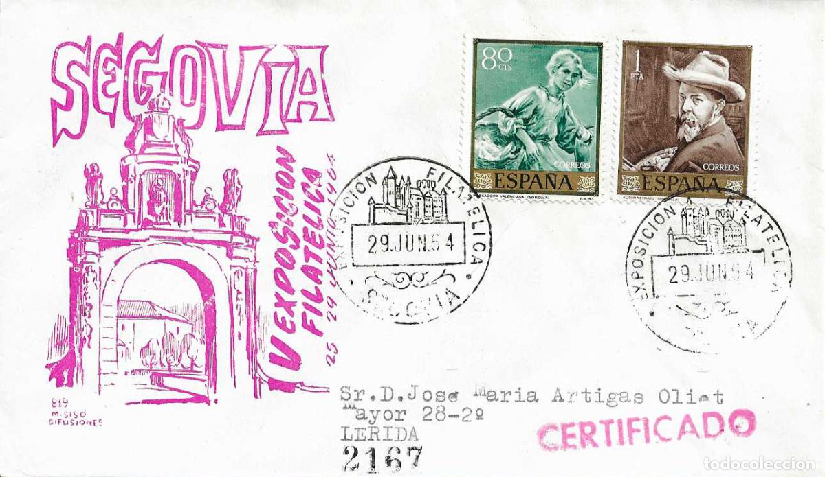 Sellos: V EXPOSICION FILATELICA, SEGOVIA 29 JUNIO 1964. RARO MATASELLOS EN SOBRE CIRCULADO DE MS RWR