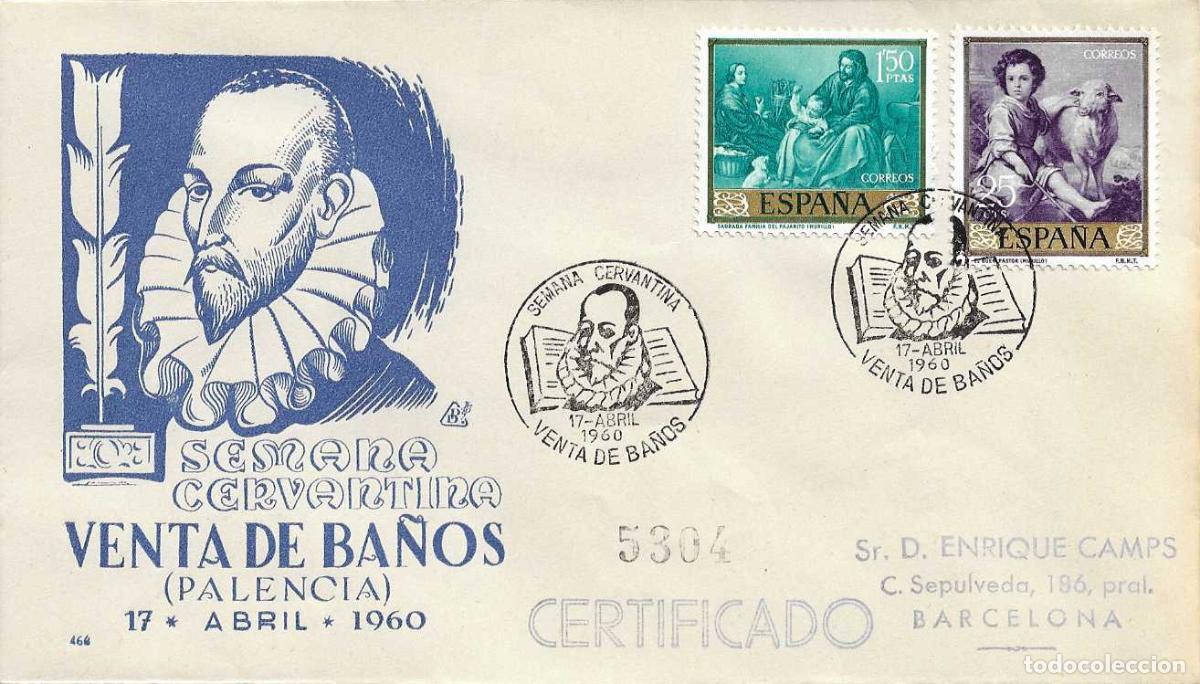 Sellos: DON QUIJOTE CERVANTES SEMANA CERVANTINA, VENTA DE BA&Ntilde;OS (PALENCIA) 1960 MATASELLOS SOBRE DP RARO RWR