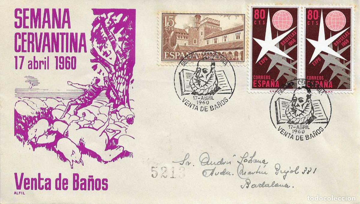 Sellos: DON QUIJOTE CERVANTES SEMANA CERVANTINA VENTA DE BA&Ntilde;OS PALENCIA 1960 RARO MATASELLOS SOBRE ALFIL RWR