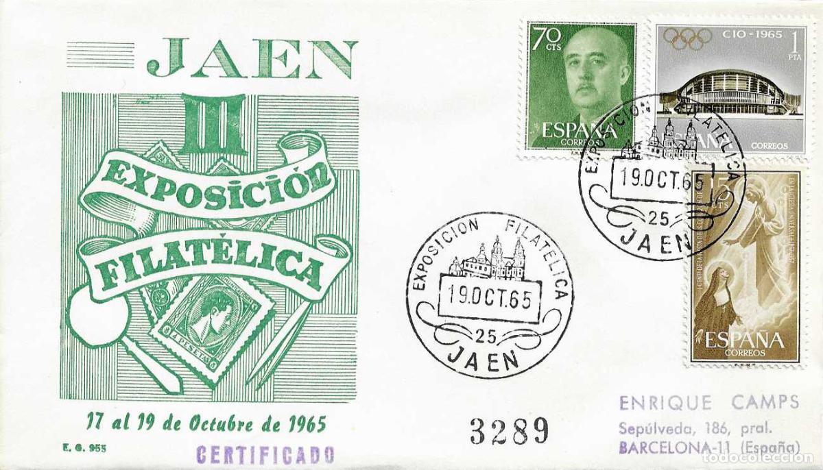 Sellos: III EXPOSICION FILATELICA PROVINCIAL, JAEN 1965. MATASELLOS EN SOBRE CIRCULADO DE EG RARO ASI
