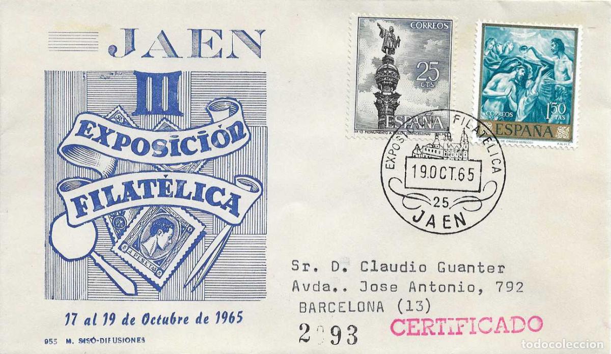Sellos: III EXPOSICION FILATELICA PROVINCIAL, JAEN 1965. MATASELLOS EN SOBRE CIRCULADO DE MS RARO ASI