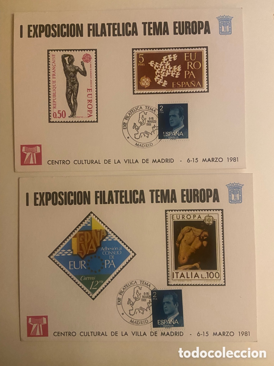 Sellos: I EXPOSICION FILATELICA TEMA EUROPA 1981. JUEGO OFICIAL 2 TARJETAS RECUERDO
