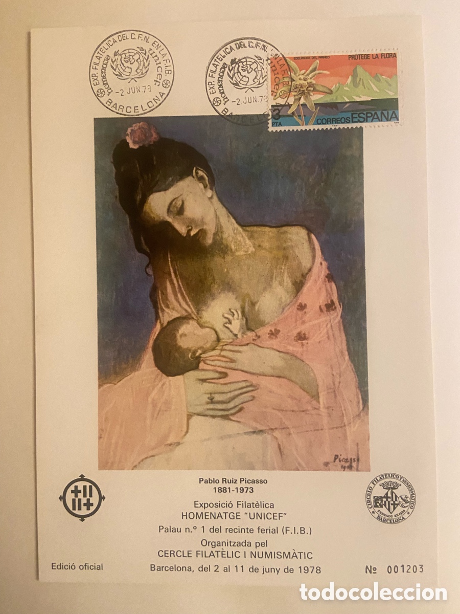 Sellos: TARJETA MATASELLOS UNICEF BARCELONA 1979. PINTURA PICASSO. EDICION LIMITADA