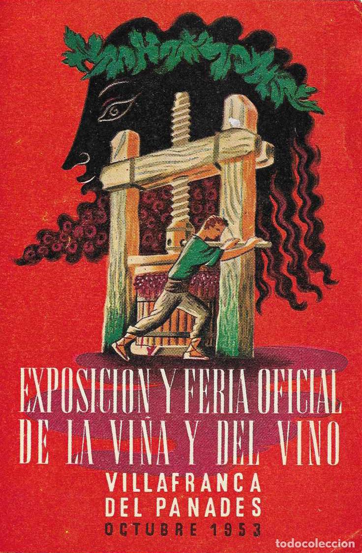 Sellos: VINO II FERIA VI&Ntilde;A, VILLAFRANCA DEL PANADES (BARCELONA) 1953. RARO MATASELLOS TARJETA MUY RARA ASI