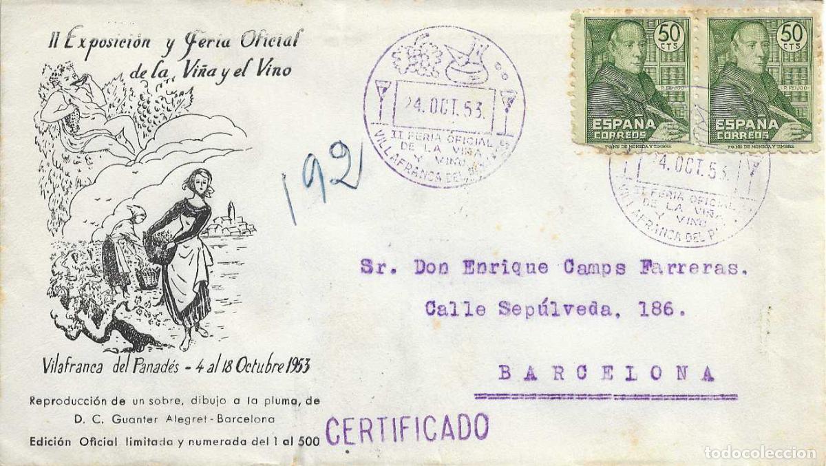 Sellos: VINO II FERIA VI&Ntilde;A VILLAFRANCA DEL PANADES (BARCELONA) 24 OCTUBRE 1953 MATASELLOS SOBRE CIRCULADO EO