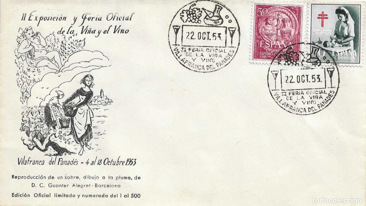 Sellos: VINO II FERIA VI&Ntilde;A, VILLAFRANCA PANADES (BARCELONA) 22 OCTUBRE 1953 MATASELLOS SOBRE SIN CIRCULAR EO