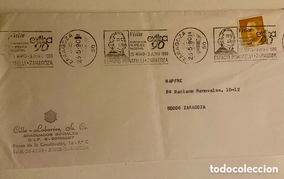 Sellos: SOBRE CIRCULADO MATASELLOS RODILLO EXFILBA&acute;90. ZARAGOZA. ESPACIO PIGNATELLI