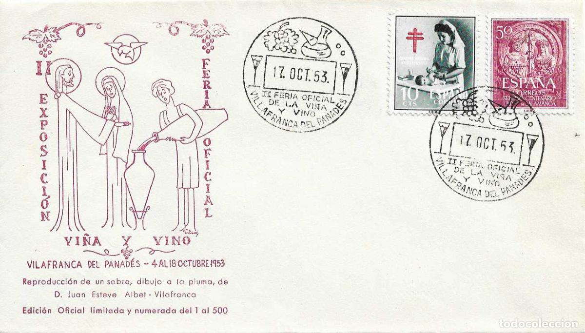 Sellos: VINO II FERIA VI&Ntilde;A, VILLAFRANCA PANADES (BARCELONA) 17 OCTUBRE 1953 MATASELLOS SOBRE SIN CIRCULAR EO