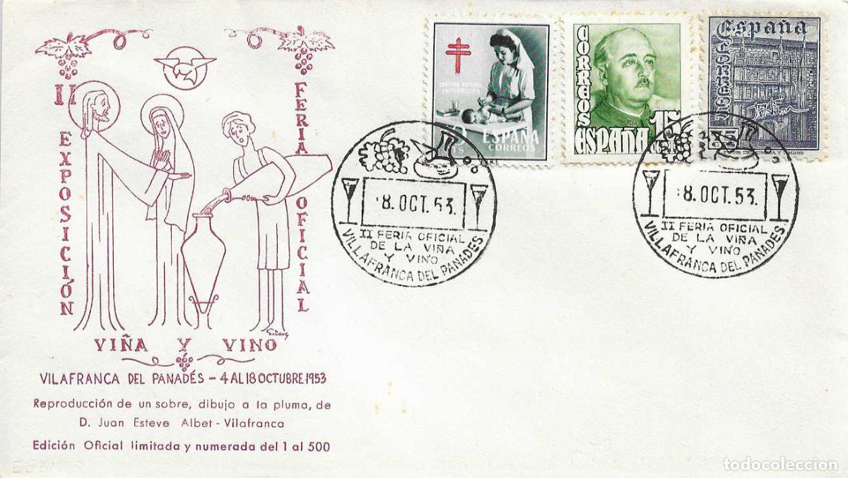 Sellos: VINO II FERIA VI&Ntilde;A, VILLAFRANCA PANADES (BARCELONA) 8 OCTUBRE 1953 MATASELLOS SOBRE SIN CIRCULAR EO