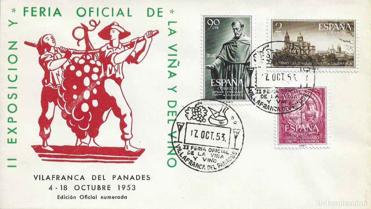 Sellos: VINO FERIA VI&Ntilde;A, VILLAFRANCA PANADES 1953 MATASELLOS SOBRE EO UNIVERSIDAD SALAMANCA (EDIFIL 1126/28)