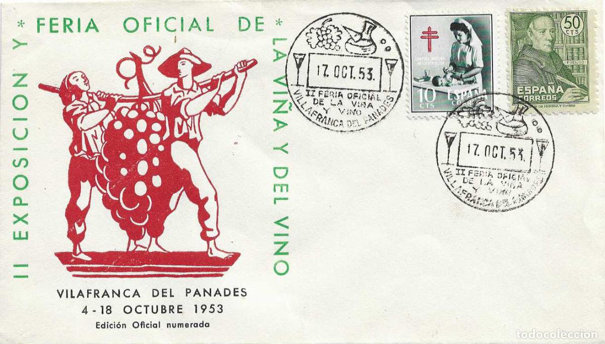 Sellos: VINO II FERIA VI&Ntilde;A, VILLAFRANCA PANADES (BARCELONA) 17 OCTUBRE 1953 MATASELLOS SOBRE SIN CIRCULAR EO