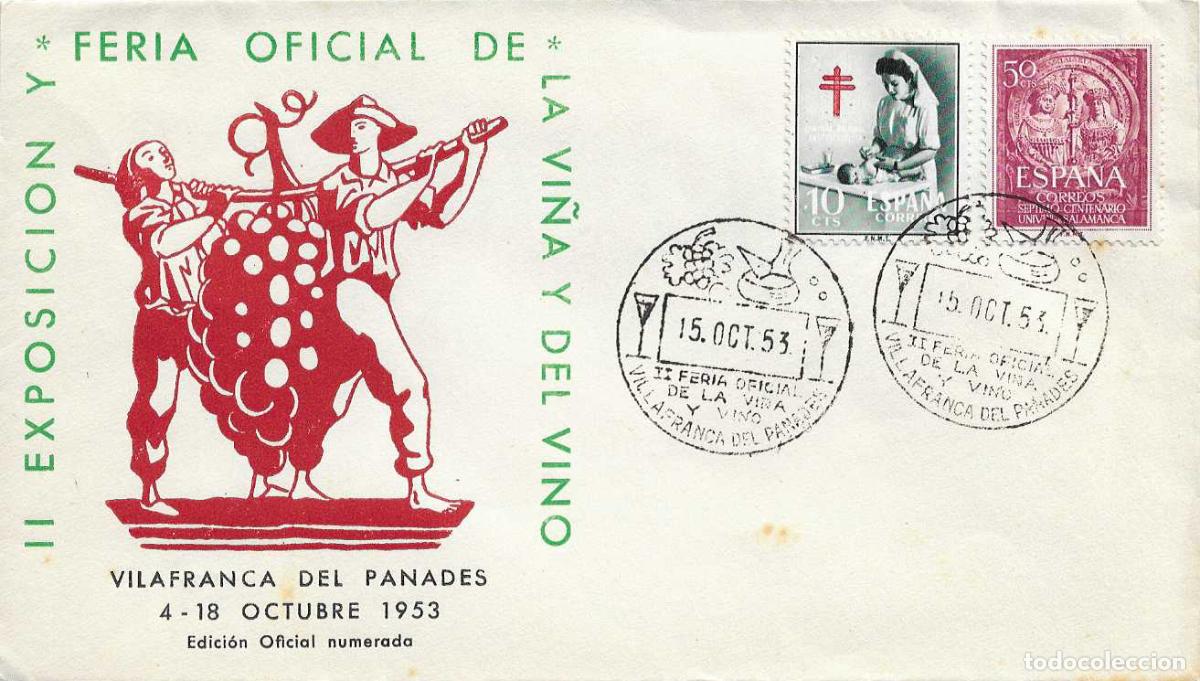 Sellos: VINO II FERIA VI&Ntilde;A, VILLAFRANCA PANADES (BARCELONA) 15 OCTUBRE 1953 MATASELLOS SOBRE SIN CIRCULAR EO