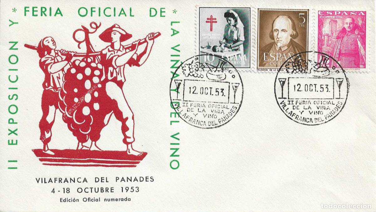 Sellos: VINO II FERIA VI&Ntilde;A, VILLAFRANCA PANADES (BARCELONA) 12 OCTUBRE 1953 MATASELLOS SOBRE SIN CIRCULAR EO