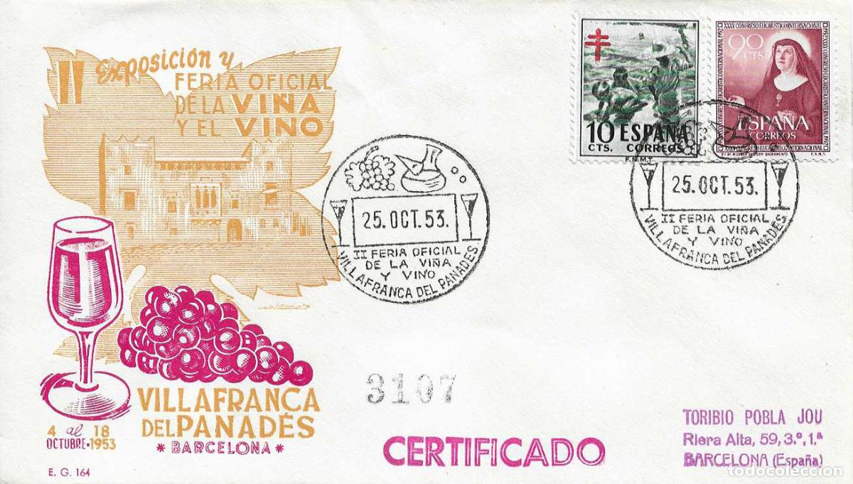 Sellos: VINO II FERIA VI&Ntilde;A VILLAFRANCA DEL PANADES (BARCELONA) 25 OCTUBRE 1953 MATASELLOS SOBRE CIRCULADO EG