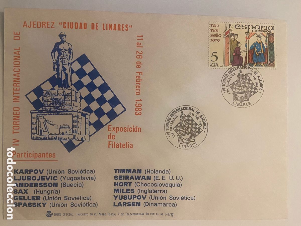 Sellos: IV TORNEO AJEDREZ CIUDAD DE LINARES 1983. KARPOV. MATASELLOS ESPECIAL