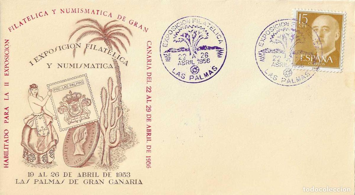 Sellos: MUY RARO II EXPOSICION, LAS PALMAS (CANARIAS) 1956. MATASELLOS EN SOBRE HABILITADO Y TINTA VIOLETA