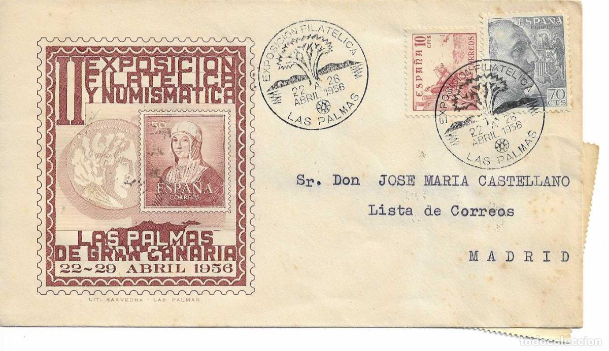 Sellos: II EXPOSICION, LAS PALMAS (CANARIAS) 1956. MATASELLOS SOBRE CIRCULADO VIOLETA ISABEL LA CATOLICA RWR