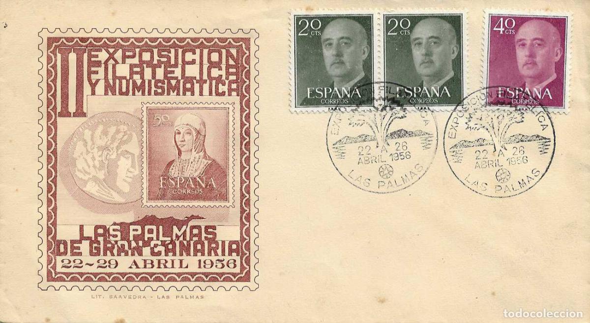 Sellos: II EXPOSICION, LAS PALMAS CANARIAS 1956 MATASELLOS SOBRE SIN CIRCULAR VIOLETA ISABEL LA CATOLICA RWR