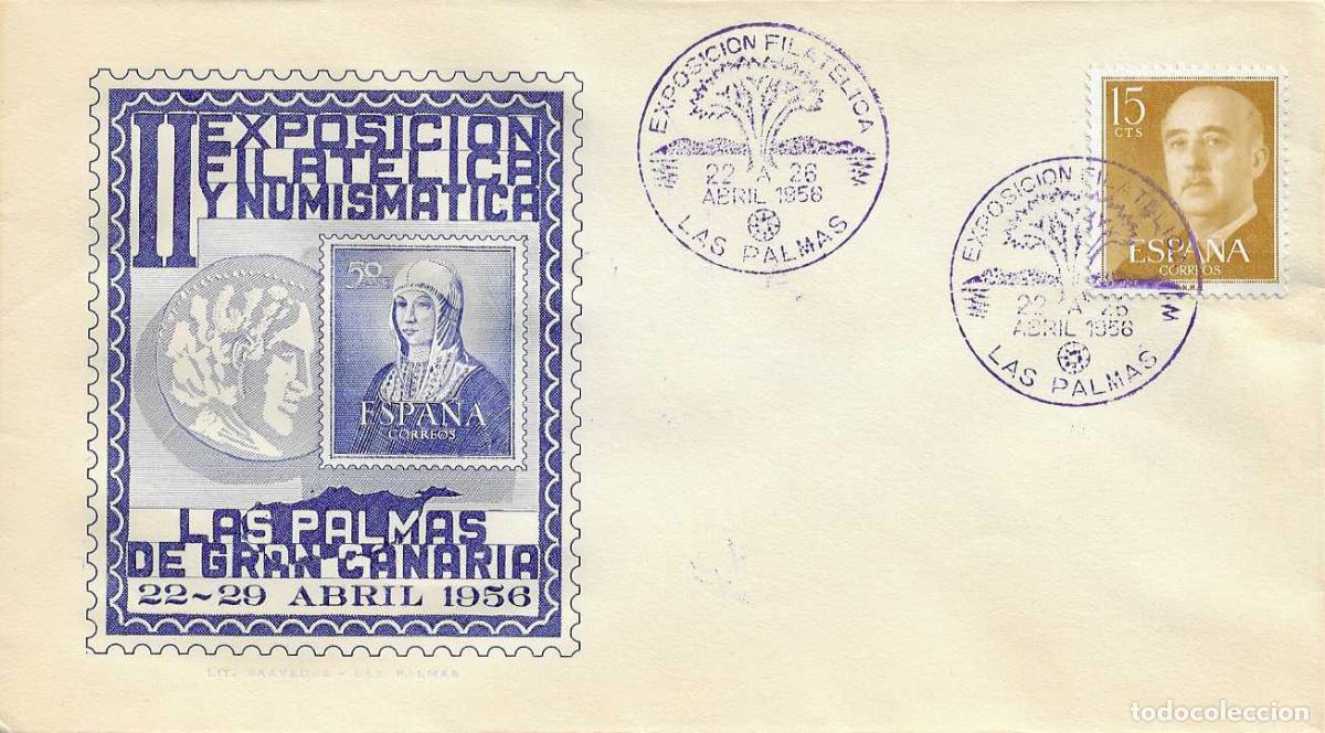Sellos: II EXPOSICION, LAS PALMAS (CANARIAS) 1956. MATASELLOS TINTA VIOLETA EN SOBRE AZUL ISABEL LA CATOLICA