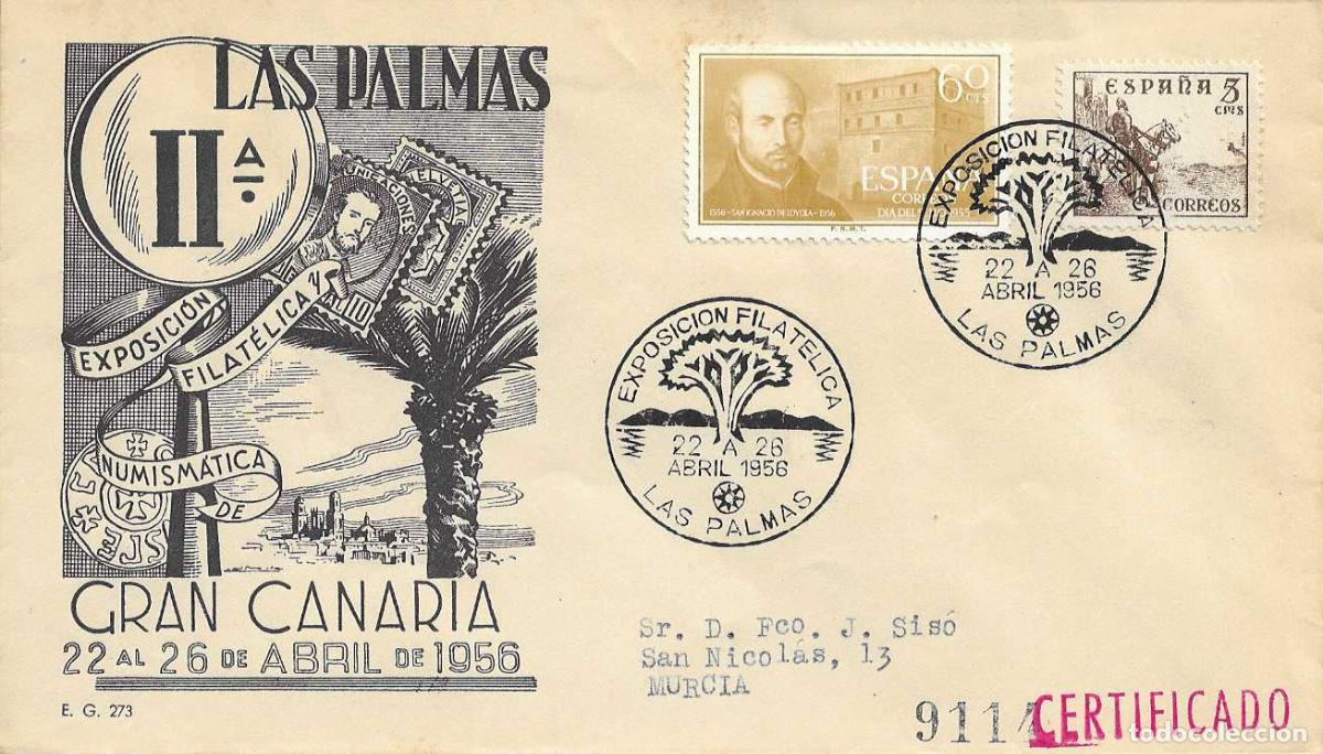 Sellos: II EXPOSICION FILATELICA, LAS PALMAS (CANARIAS) 1956. MATASELLOS EN SOBRE CIRCULADO EG RARO ASI RWR