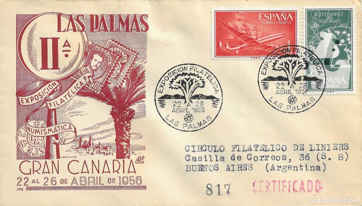 Sellos: II EXPOSICION FILATELICA, LAS PALMAS (CANARIAS) 1956. MATASELLOS EN SOBRE CIRCULADO DP RARO ASI RWR