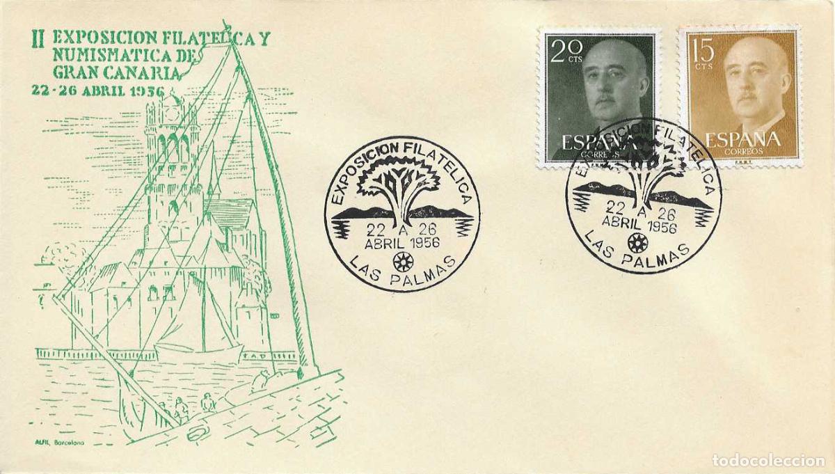 Sellos: II EXPOSICION FILATELICA, LAS PALMAS (CANARIAS) 1956. MATASELLOS SOBRE SIN CIRCULAR ALFIL RARO ASI