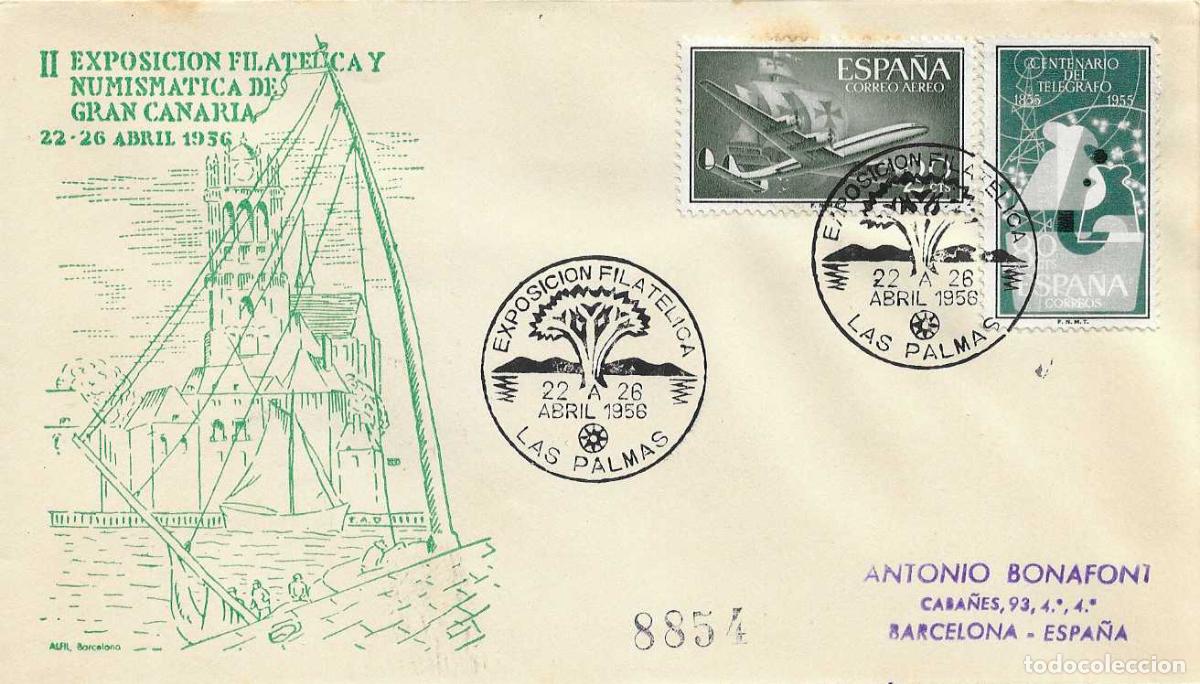 Sellos: II EXPOSICION FILATELICA, LAS PALMAS (CANARIAS) 1956. RARO MATASELLOS EN SOBRE CIRCULADO ALFIL RWR