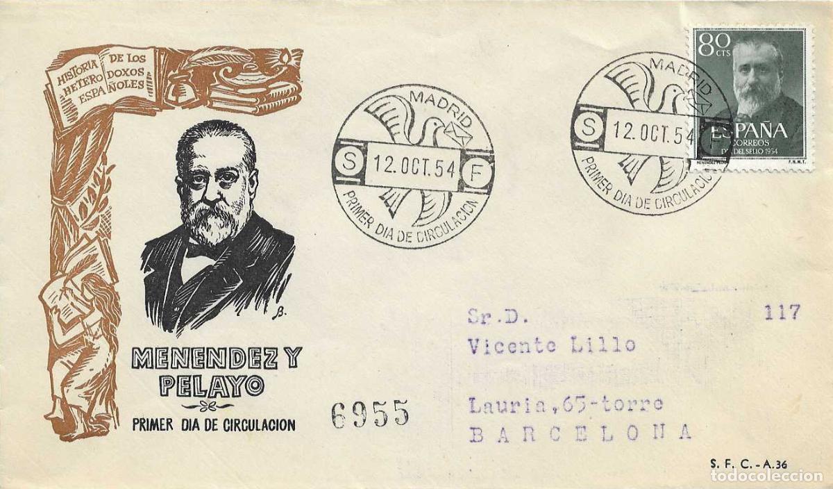 Sellos: MARCELINO MENENDEZ Y PELAYO DIA DEL SELLO 1954 (EDIFIL 1142) EN SPD CIRCULADO SERVICIO FILATELICO