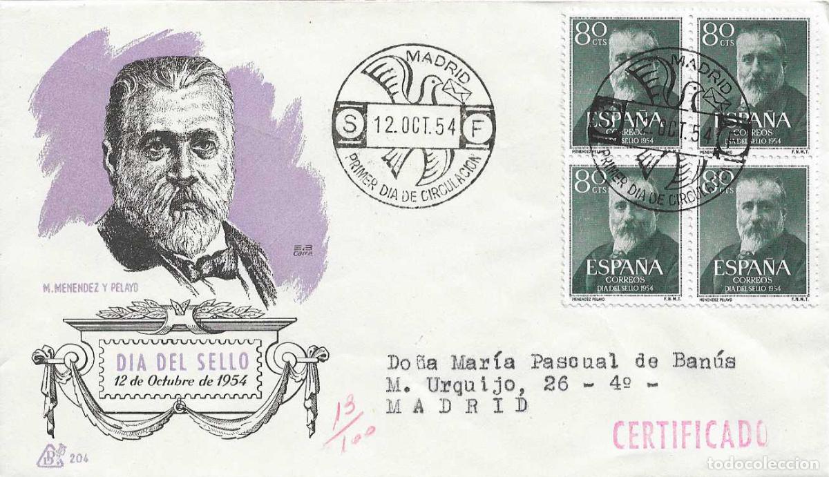 Sellos: MARCELINO MENENDEZ Y PELAYO DIA DEL SELLO 1954 (EDIFIL 1142 BLOQUE DE CUATRO) SPD CIRCULADO DP RARO
