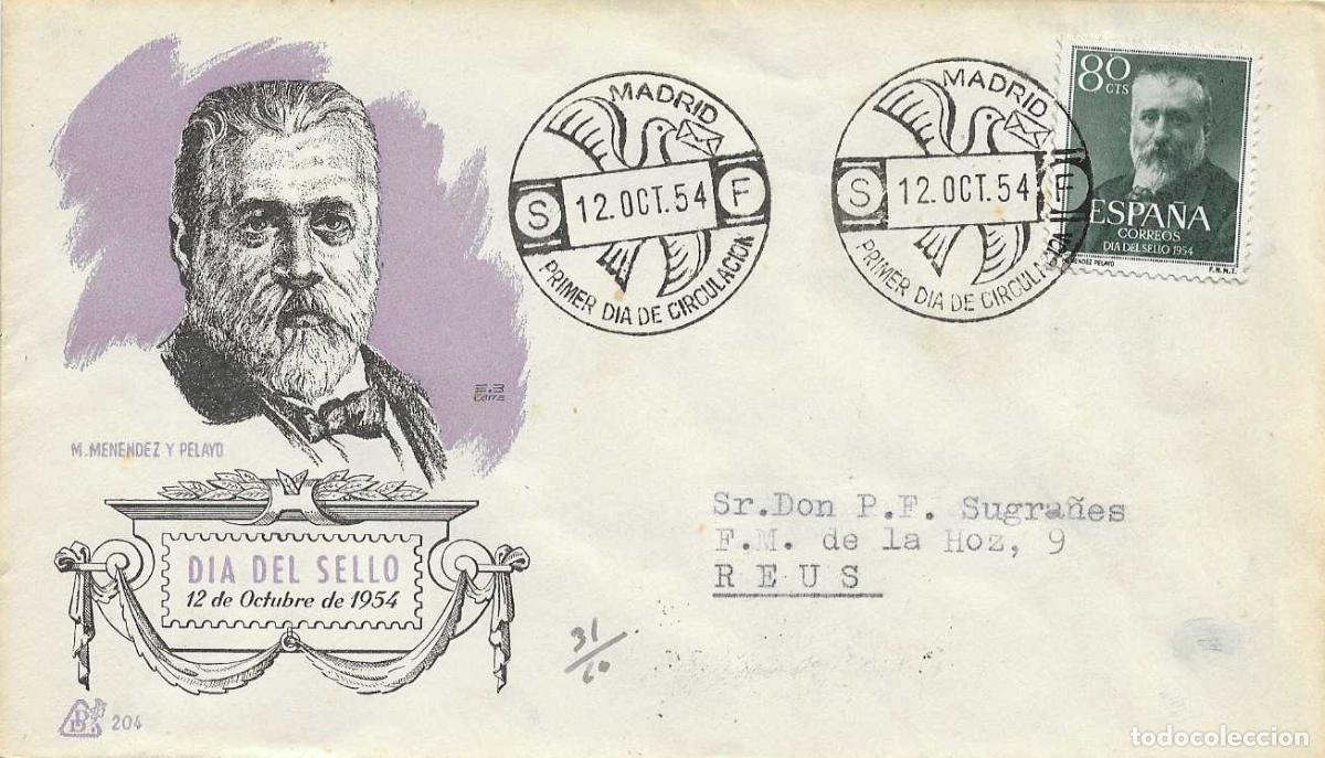 Sellos: MARCELINO MENENDEZ Y PELAYO DIA DEL SELLO 1954 (EDIFIL 1142) SPD CIRCULADO DE DP BONITO Y RARO ASI