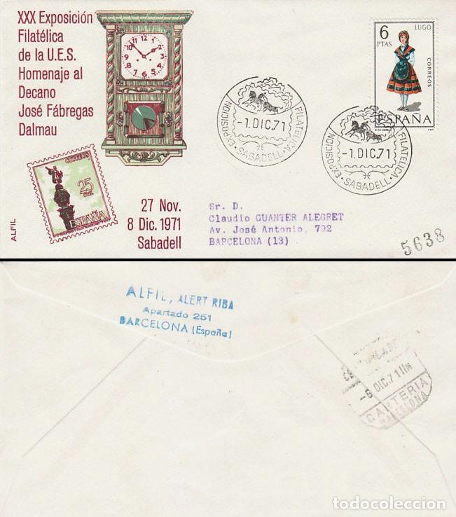 Sellos: A&Ntilde;O 1971, SABADELL, TOROS, EXPOSICION FILATELICA HOMENAJE AS DALMAU, SOBRE DE ALFIL CIRCULADO