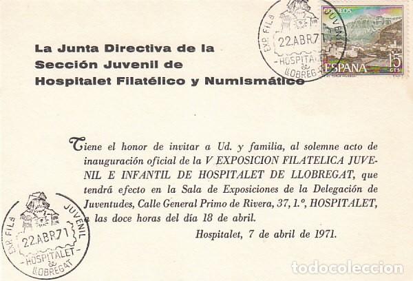 Sellos: A&Ntilde;O 1971, HOSPITALET DE LLOBREGAT (BARCELONAS), EXPOSICION FILATELICA JUVENIL, invitacion a actos