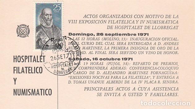 Sellos: A&Ntilde;O 1971, HOSPITALET DE LLOBREGAT (BARCELONA), EXPOSICION FILATELICA Y NUMISMATICA, INVITACION INAUG