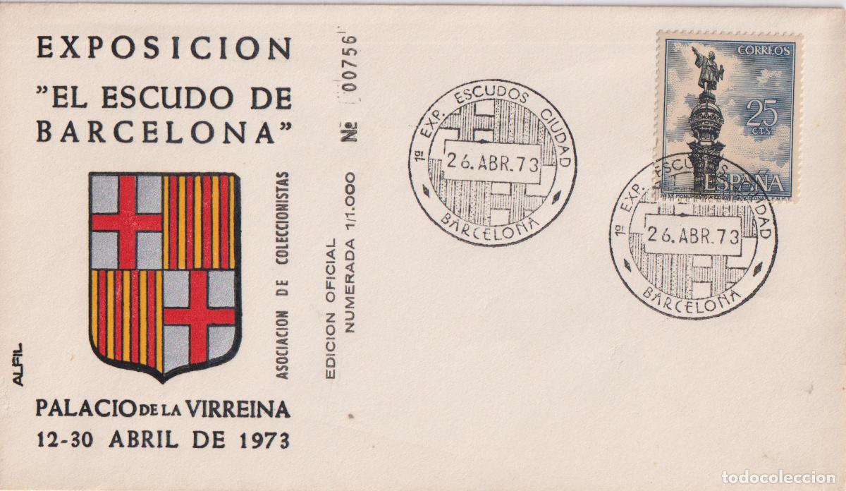Sellos: SOBRE PRIMER DIA - EXPOSICI&Oacute;N EL ESCUDO DE BARCELONA - PALACIO VIRREINA - ALFIL - 26 ABR. 73